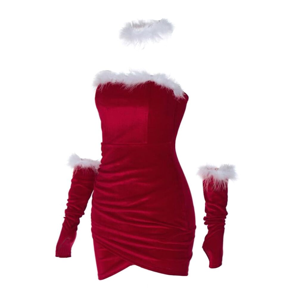 4819 Christmas Red Lingerie Plush Patchwork Strapless Tube Dress Christmas